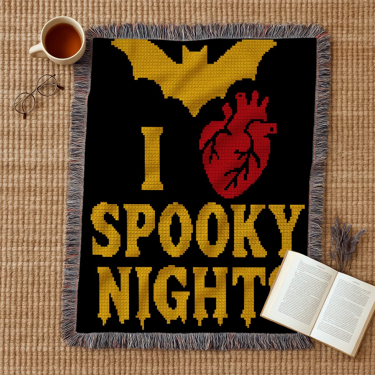 Spooky Nights SC crochet blanket mockup in black yellow and red Halloween colors
