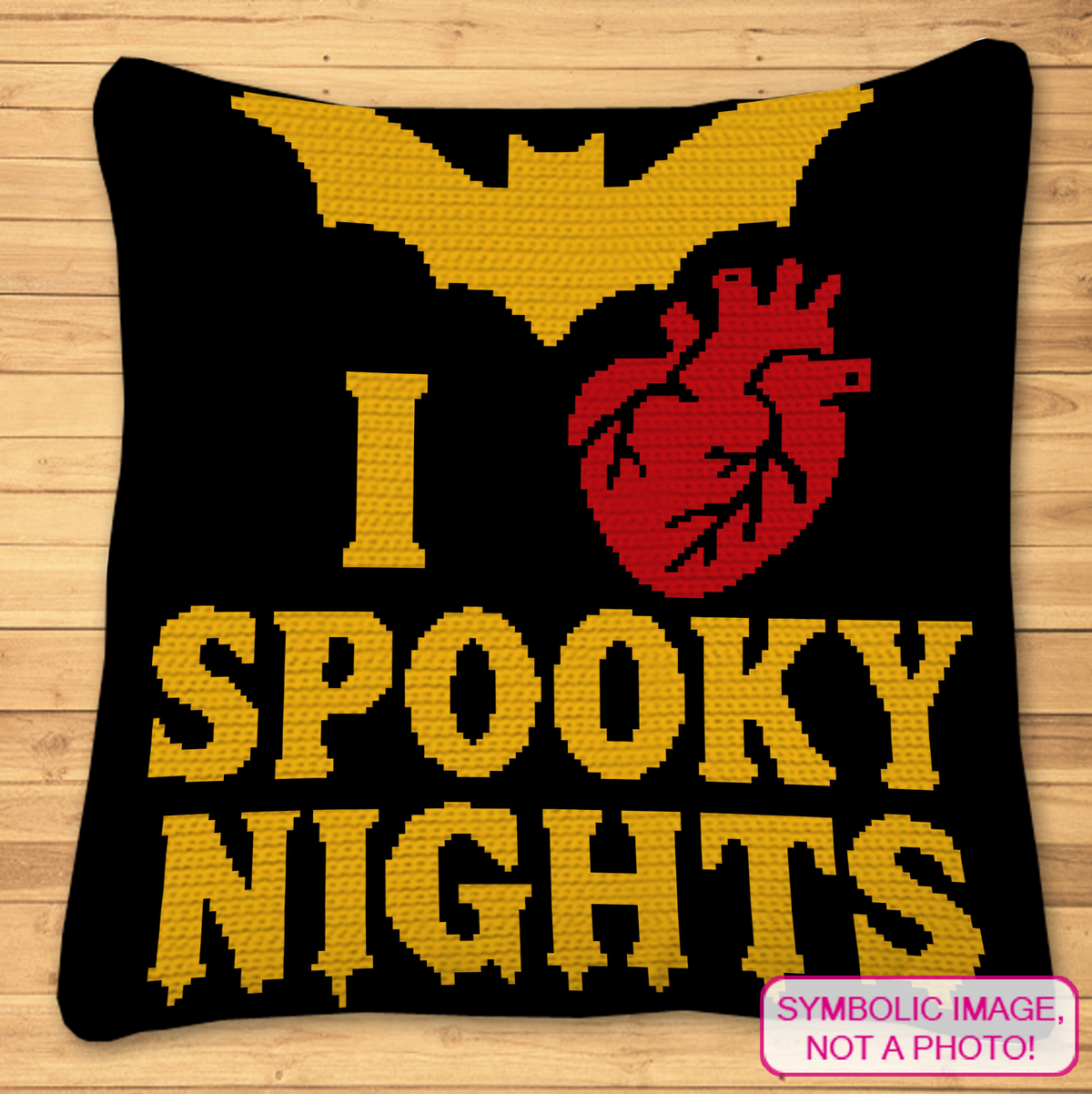 I Love Spooky Nights SC crochet pillow pattern with black background yellow text and red heart