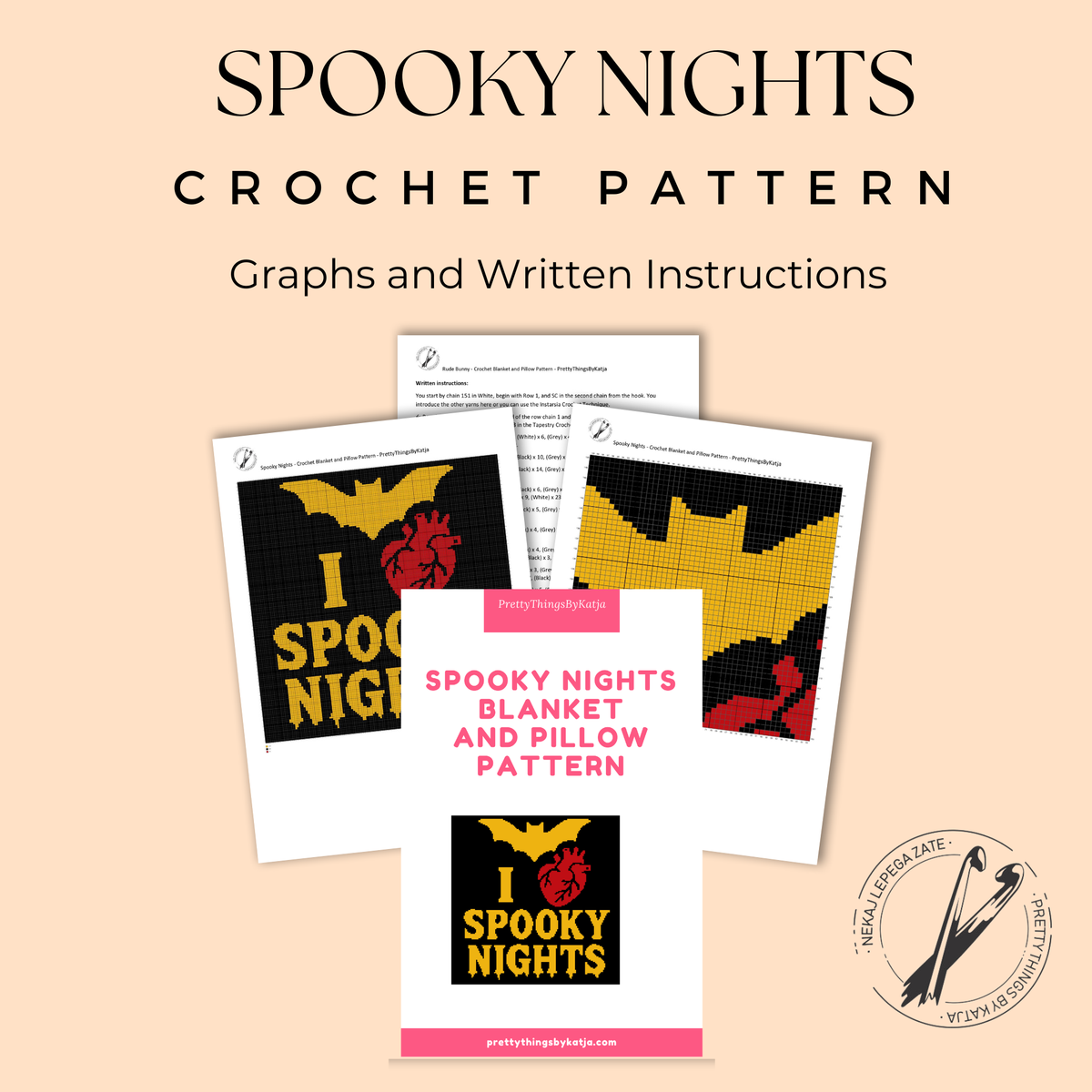 Spooky Nights SC crochet blanket and pillow pattern PDF with graphs and written instructions