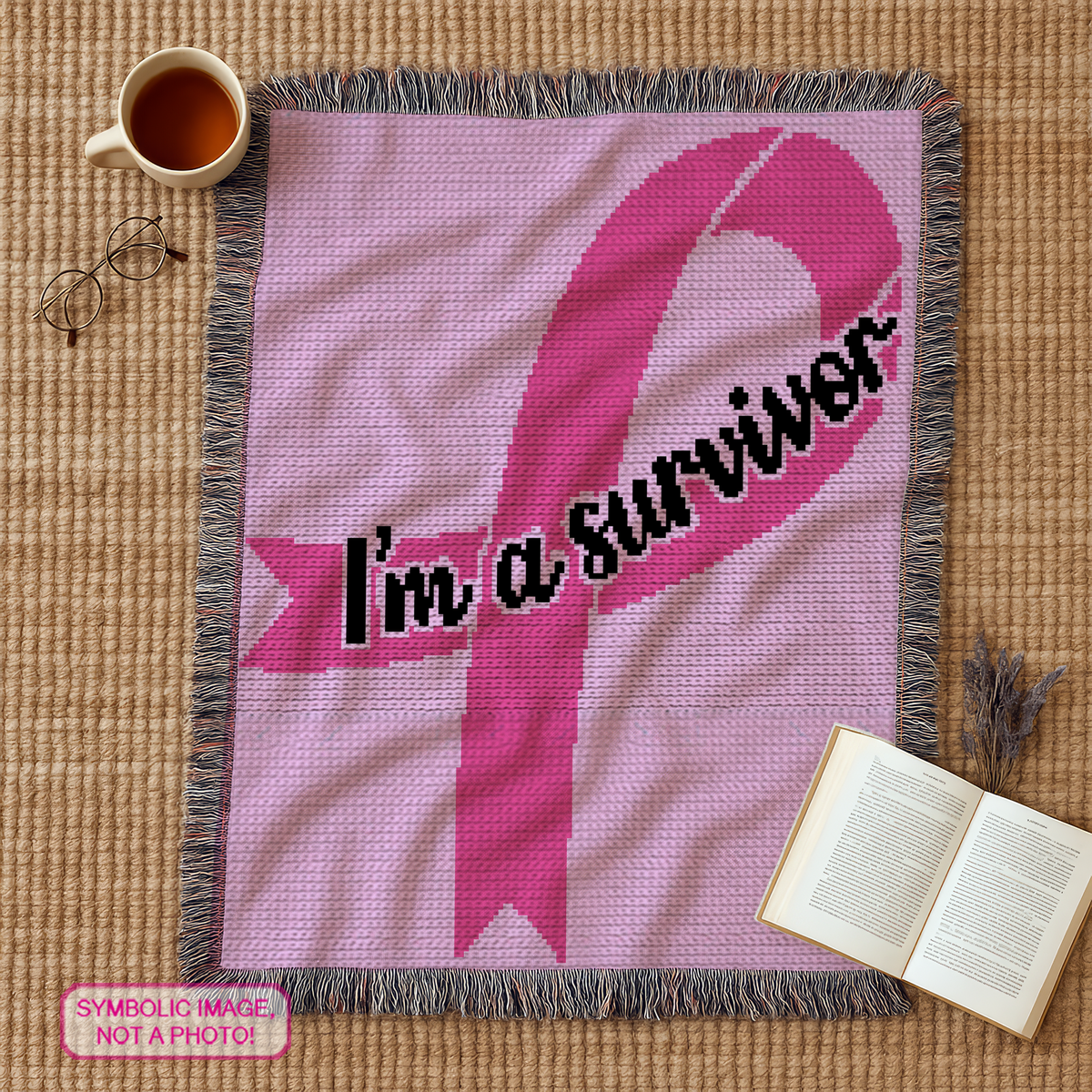 Survivor Ribbon SC Crochet Pattern featuring a bold pink cancer awareness ribbon and the message “I’m a Survivor.” This meaningful graphgan design can be used for a pillow with lighter yarn or a larger blanket with worsted-weight yarn.
