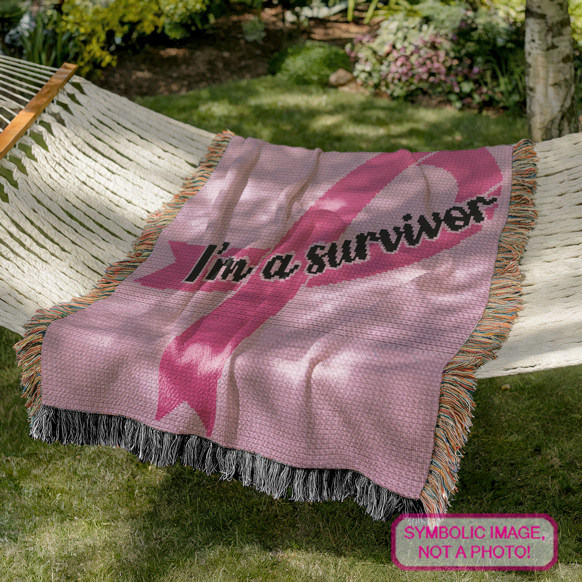 Survivor Ribbon C2C crochet pattern with pink cancer awareness ribbon and I'm a Survivor text