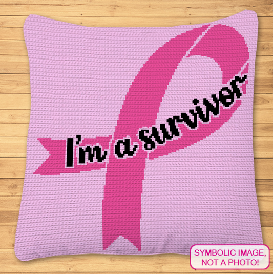 Survivor Ribbon SC Crochet Pattern featuring a bold pink cancer awareness ribbon and the message “I’m a Survivor.” This meaningful graphgan design can be used for a pillow with lighter yarn or a larger blanket with worsted-weight yarn.