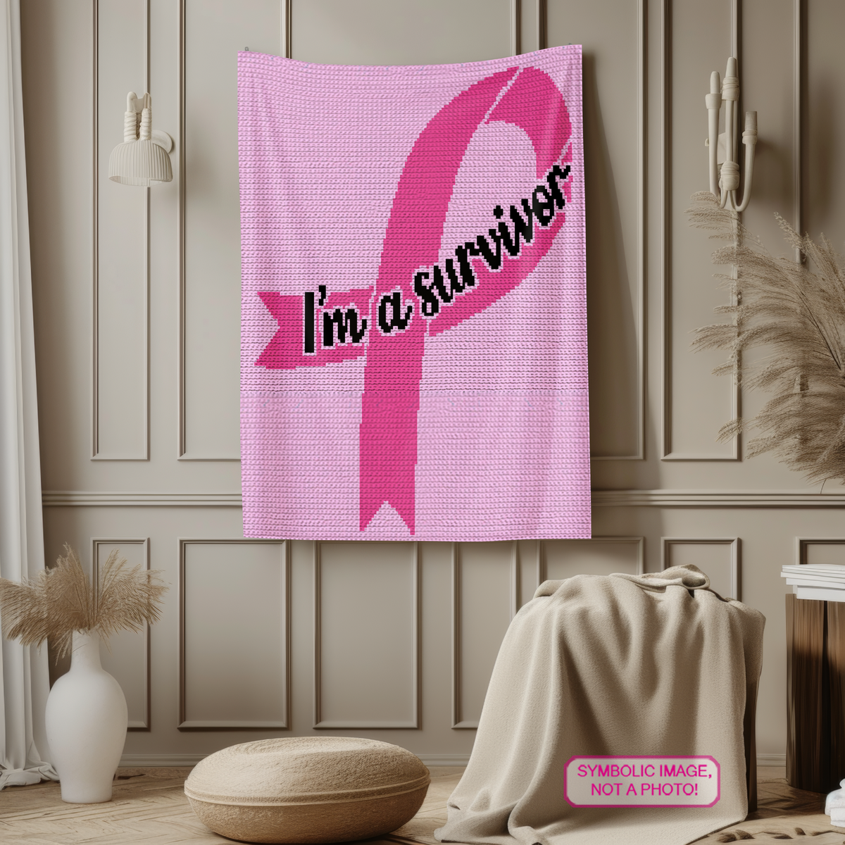 Survivor Ribbon SC Crochet Pattern featuring a bold pink cancer awareness ribbon and the message “I’m a Survivor.” This meaningful graphgan design can be used for a pillow with lighter yarn or a larger blanket with worsted-weight yarn.