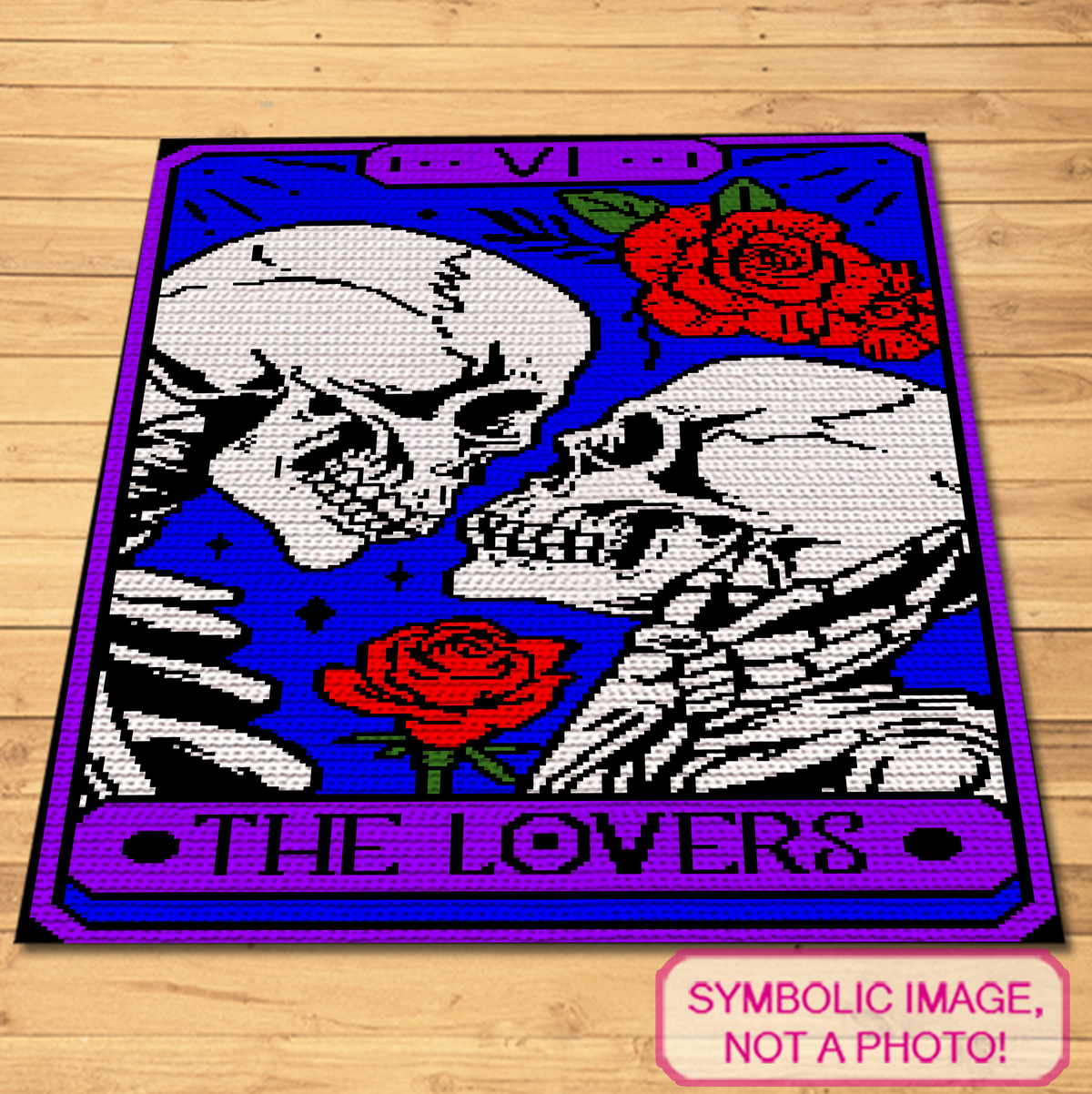 Color Tarot Card The Lovers single crochet blanket pattern with skulls, roses and gothic romantic design