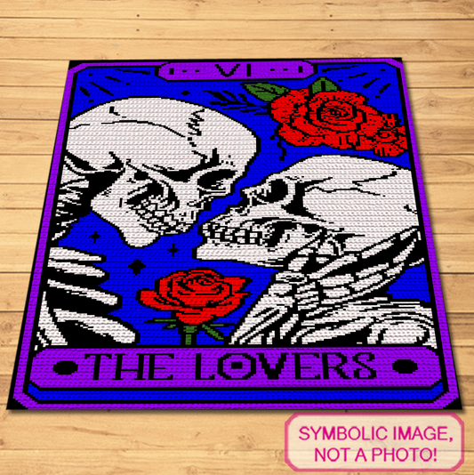 Color Tarot Card The Lovers single crochet blanket pattern with skulls, roses and gothic romantic design