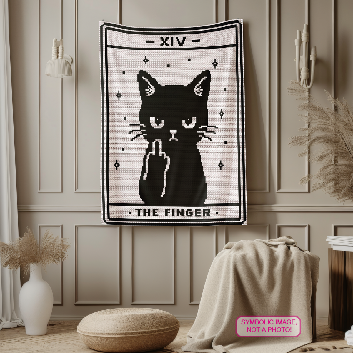 Tarot The Finger black cat crochet blanket mockup for a funny sassy Halloween graphgan pattern