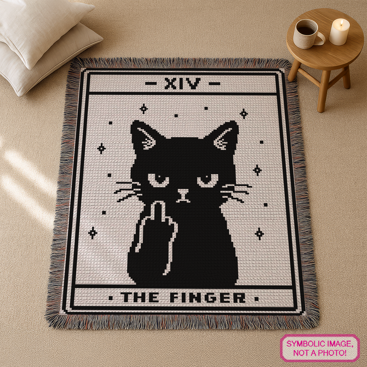 Tarot The Finger black cat C2C crochet blanket mockup with fringe in a cozy neutral room