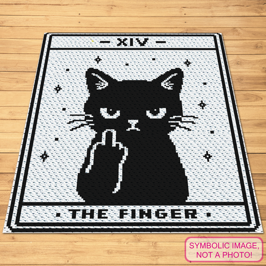 Tarot The Finger black cat tarot card C2C crochet blanket design in black and white on a wooden background