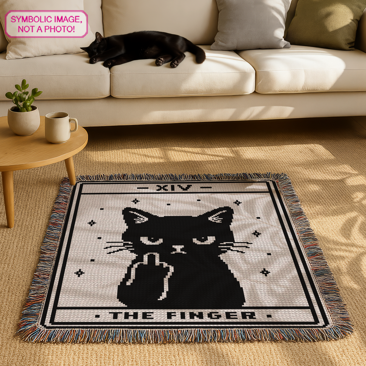 Tarot The Finger black cat C2C crochet blanket mockup with fringe in a cozy living room with a sleeping black cat