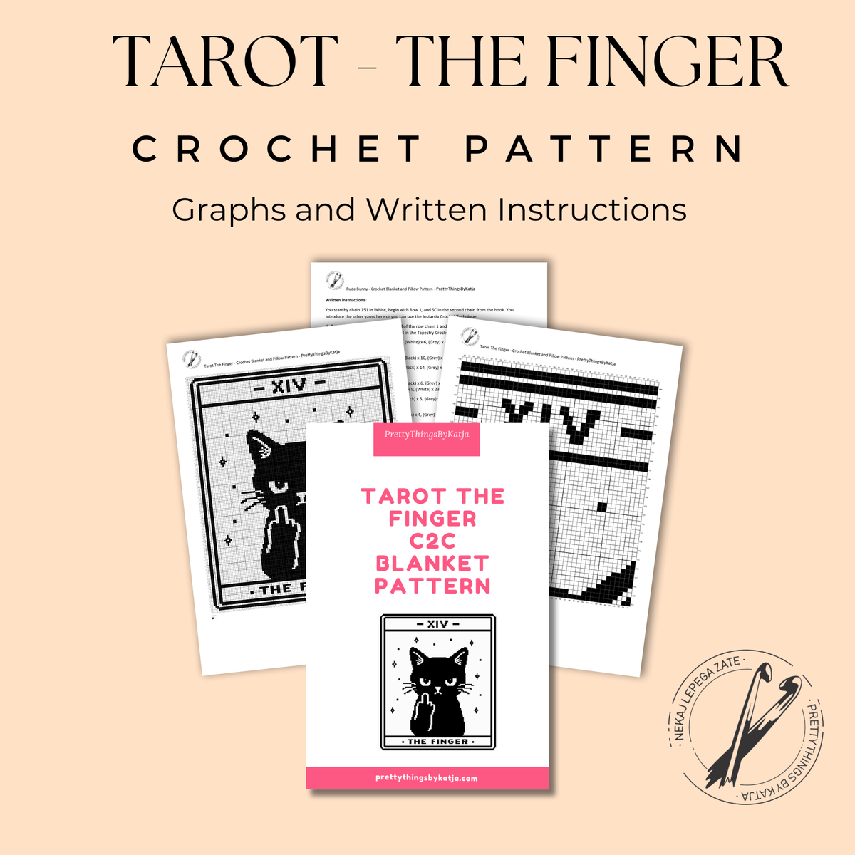 Tarot The Finger C2C crochet pattern PDF preview with black cat tarot card graph and written instructions