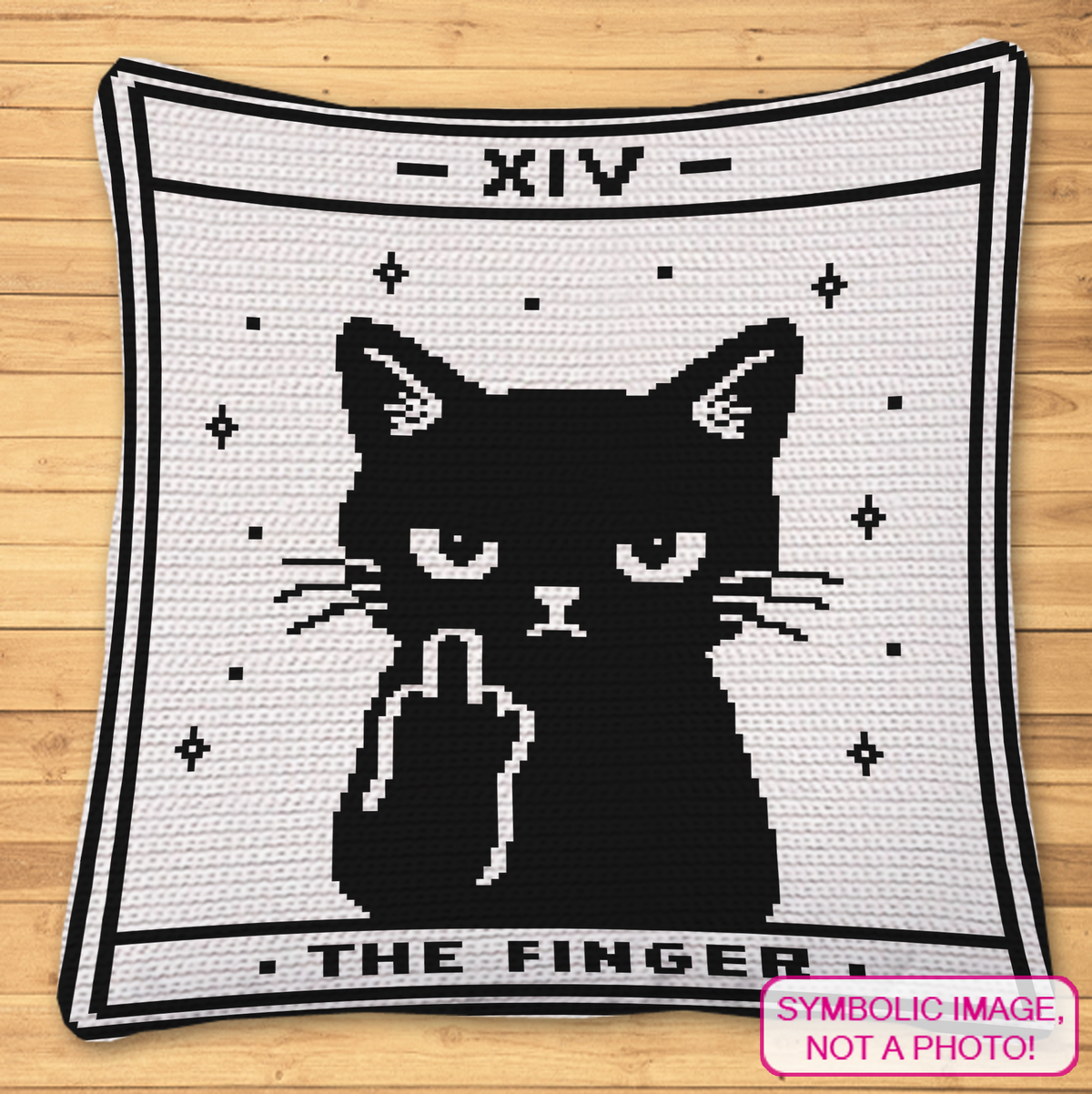 Tarot The Finger cat crochet pattern with a black cat making a middle finger gesture in a tarot card design