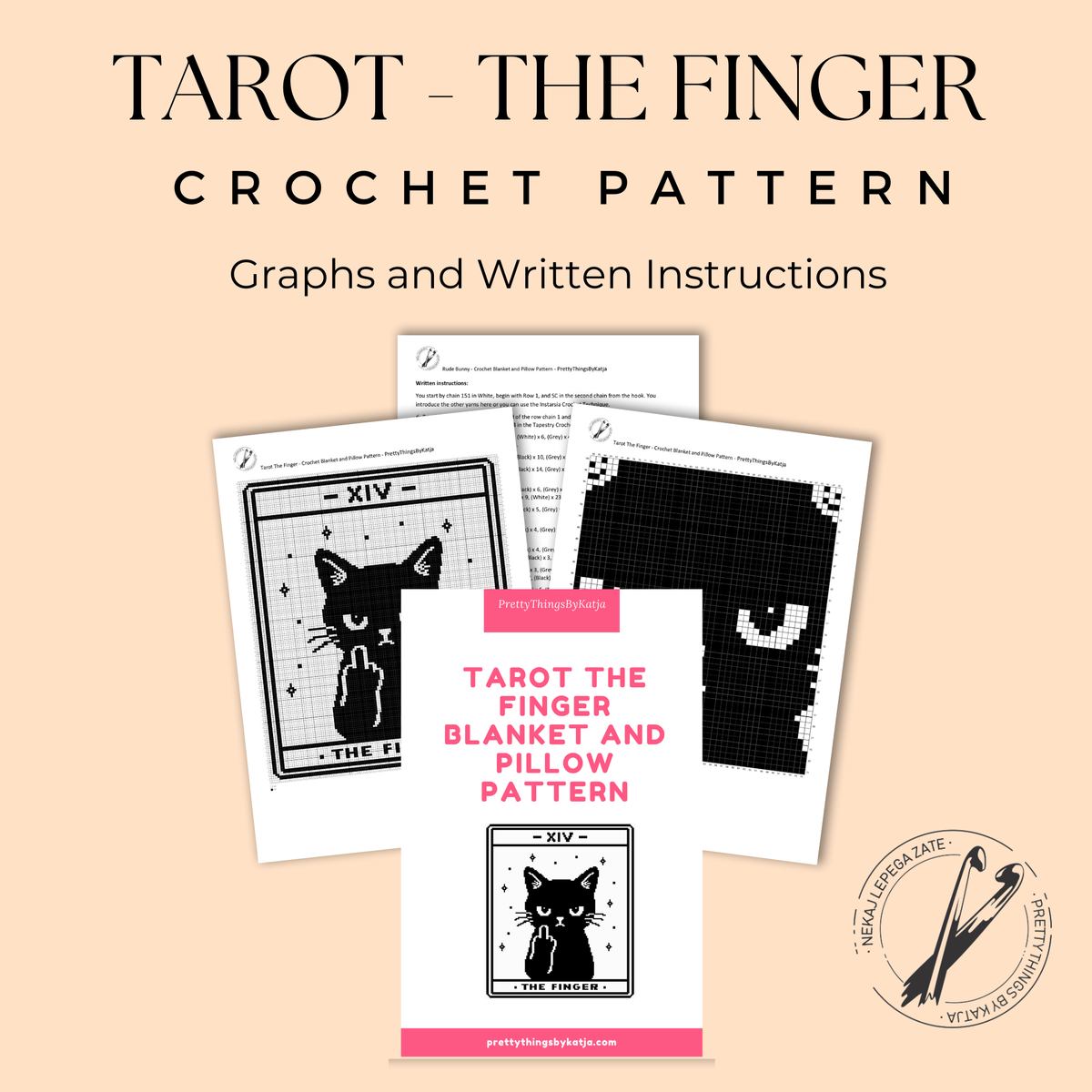 Tarot The Finger cat crochet PDF pattern preview with graphs and written instructions