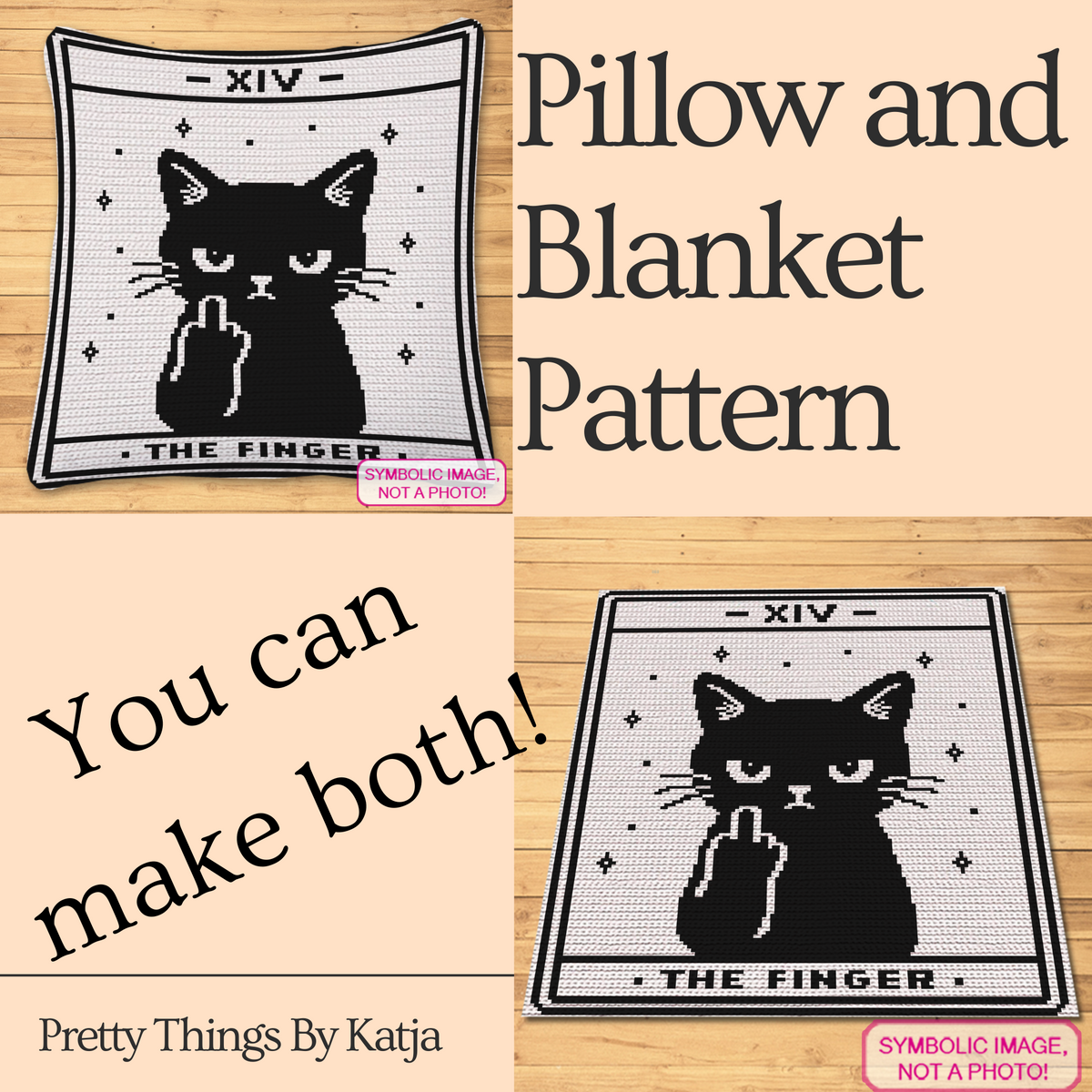 Tarot The Finger cat crochet pillow and blanket pattern preview in black and white