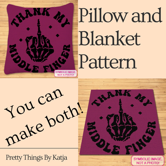 Thank My Middle Finger crochet pattern preview showing both pillow and blanket versions in purple and black