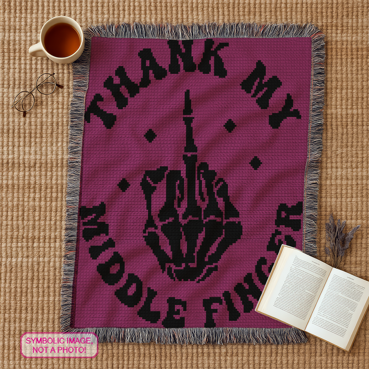 Thank My Middle Finger single crochet blanket pattern in purple and black with fringe, book and tea styling
