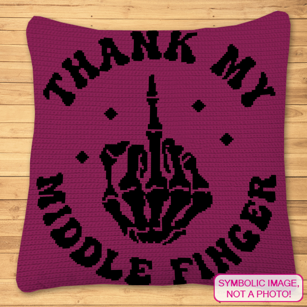 Thank My Middle Finger purple and black single crochet pillow pattern mockup on a wooden background