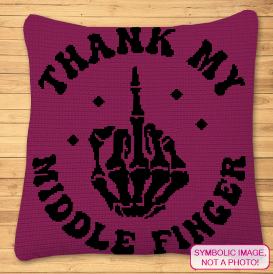 Thank My Middle Finger purple and black single crochet pillow pattern mockup on a wooden background