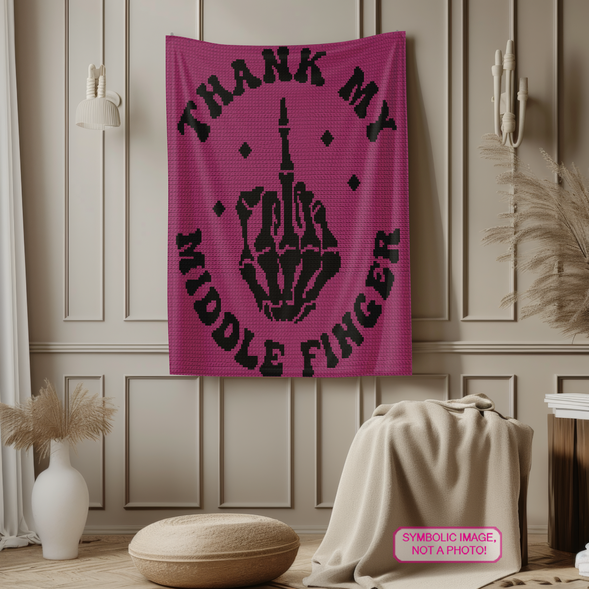 Thank My Middle Finger purple and black single crochet blanket pattern displayed on a neutral wall