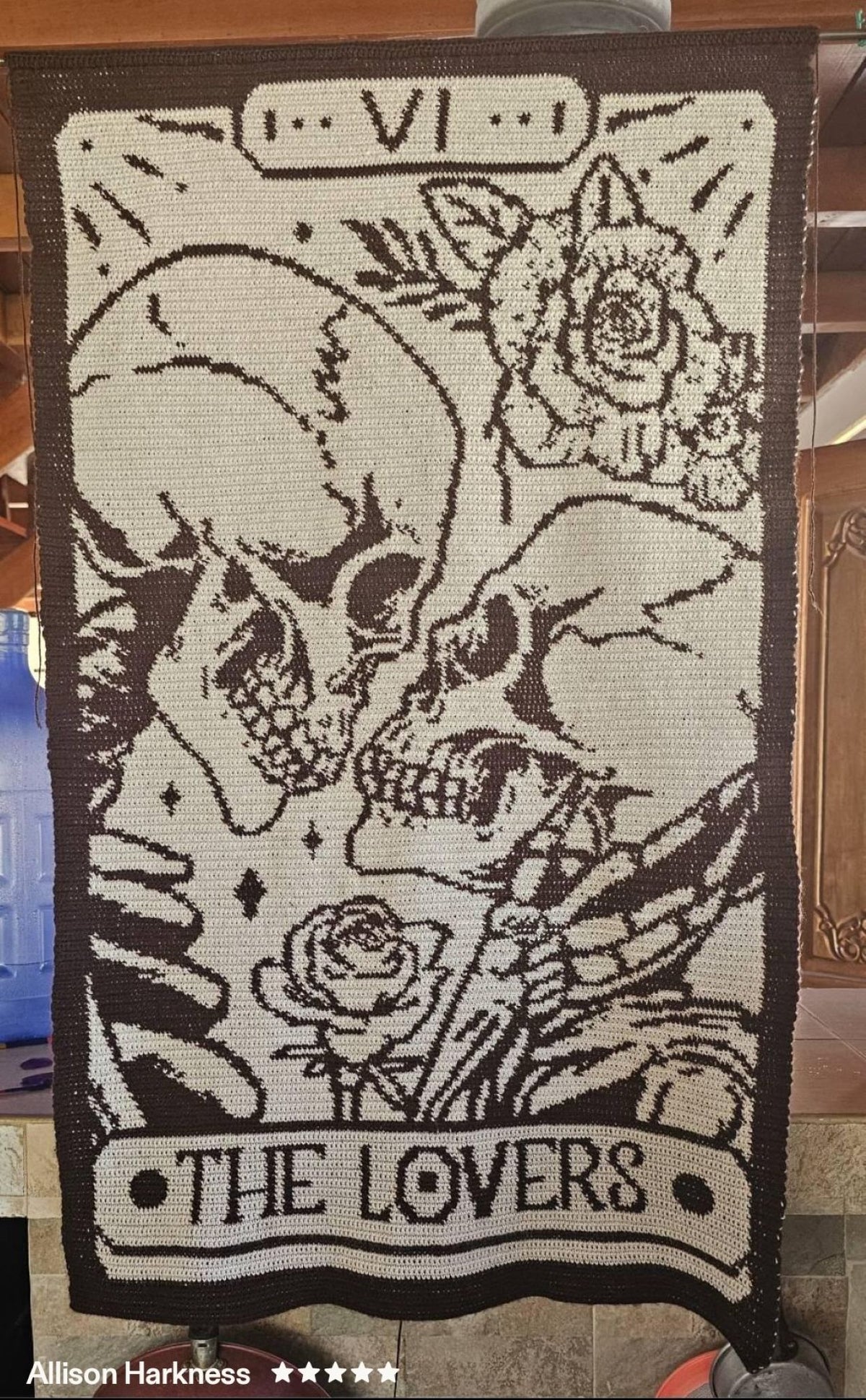 Customer finished The Lovers crochet blanket in cream and dark brown with skulls and roses