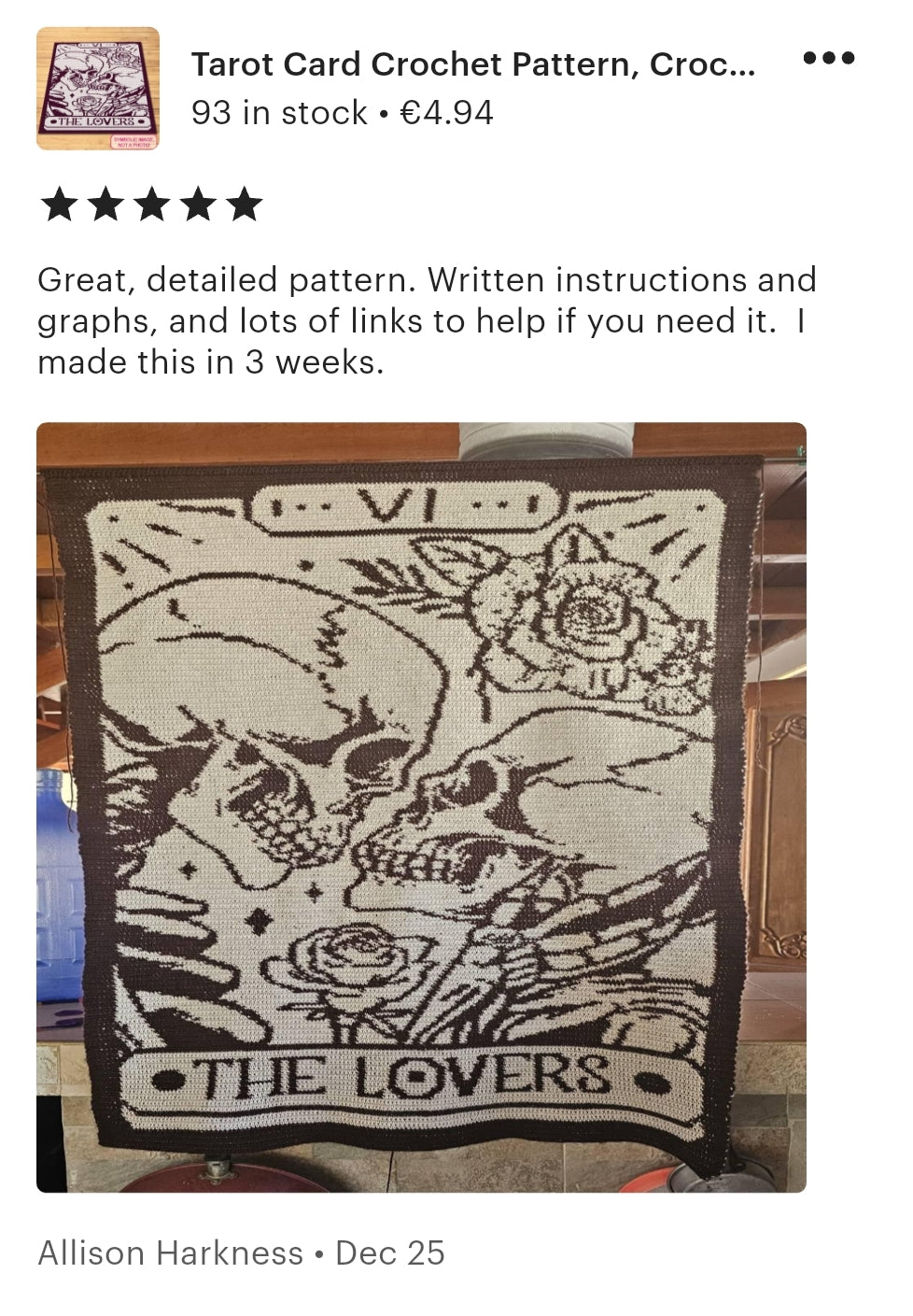 Five-star customer review photo of The Lovers tarot card crochet blanket.