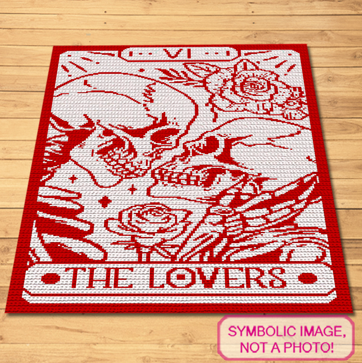 Create a dramatic gothic crochet blanket inspired by The Lovers tarot card, featuring two skulls, roses and bold two-color linework. This SC graphgan is a striking choice for Halloween decor, gothic weddings, Valentine’s Day gifts, anniversary makes and anyone who loves witchy or tarot-inspired crochet.