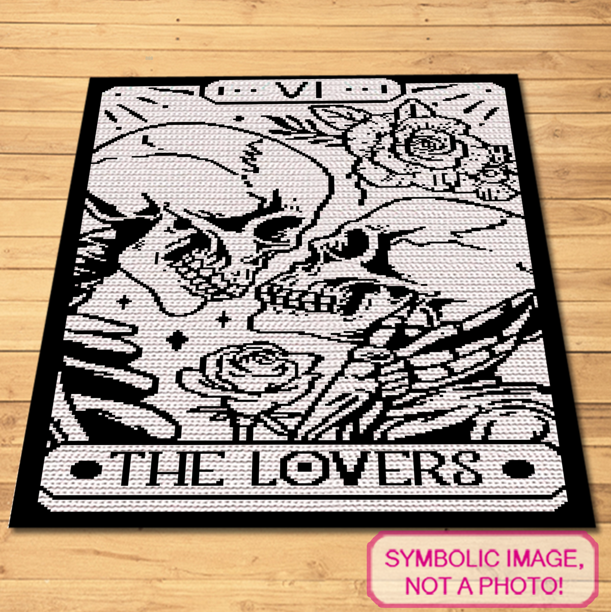 Create a dramatic gothic crochet blanket inspired by The Lovers tarot card, featuring two skulls, roses and bold two-color linework. This SC graphgan is a striking choice for Halloween decor, gothic weddings, Valentine’s Day gifts, anniversary makes and anyone who loves witchy or tarot-inspired crochet.