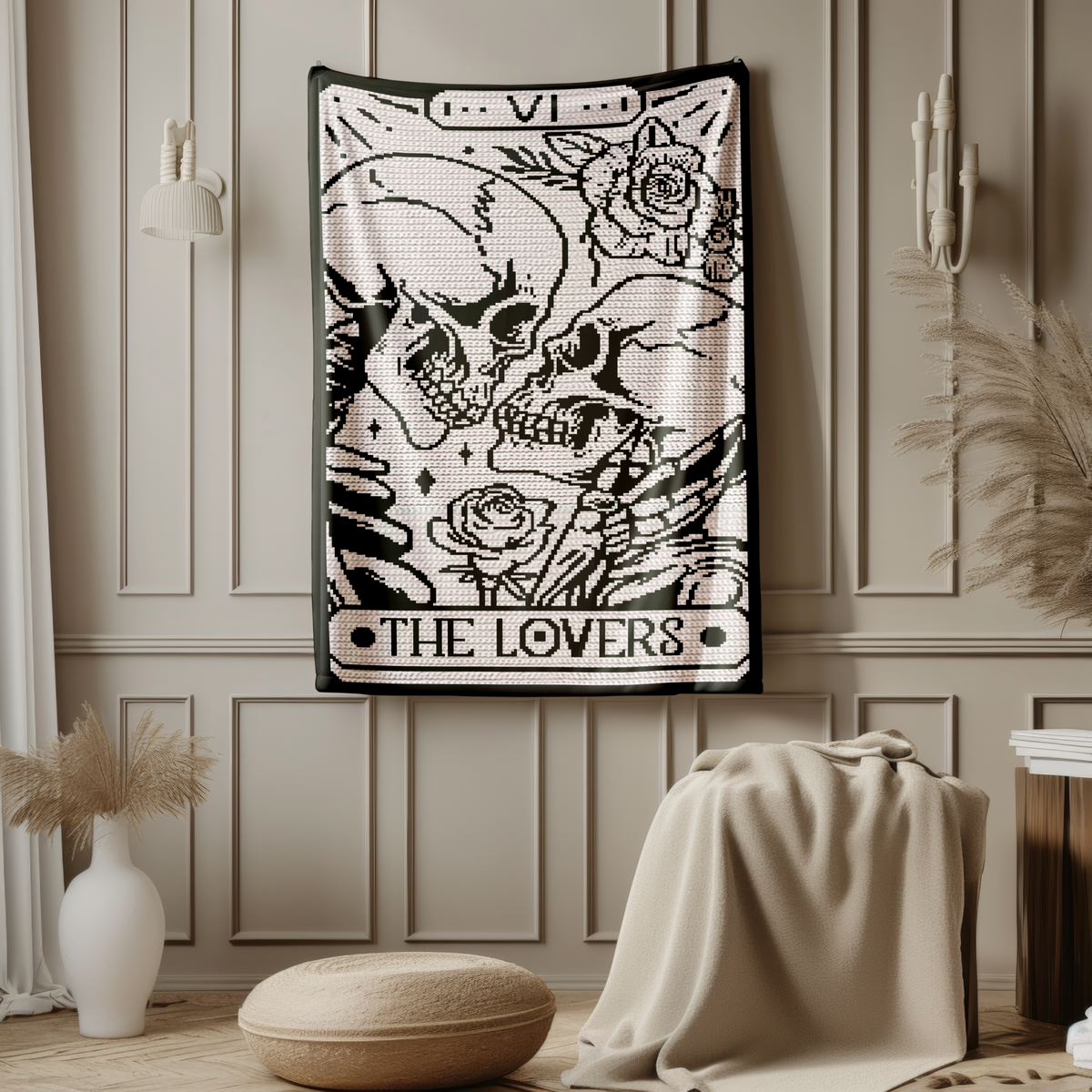 Create a dramatic gothic crochet blanket inspired by The Lovers tarot card, featuring two skulls, roses and bold two-color linework. This SC graphgan is a striking choice for Halloween decor, gothic weddings, Valentine’s Day gifts, anniversary makes and anyone who loves witchy or tarot-inspired crochet.