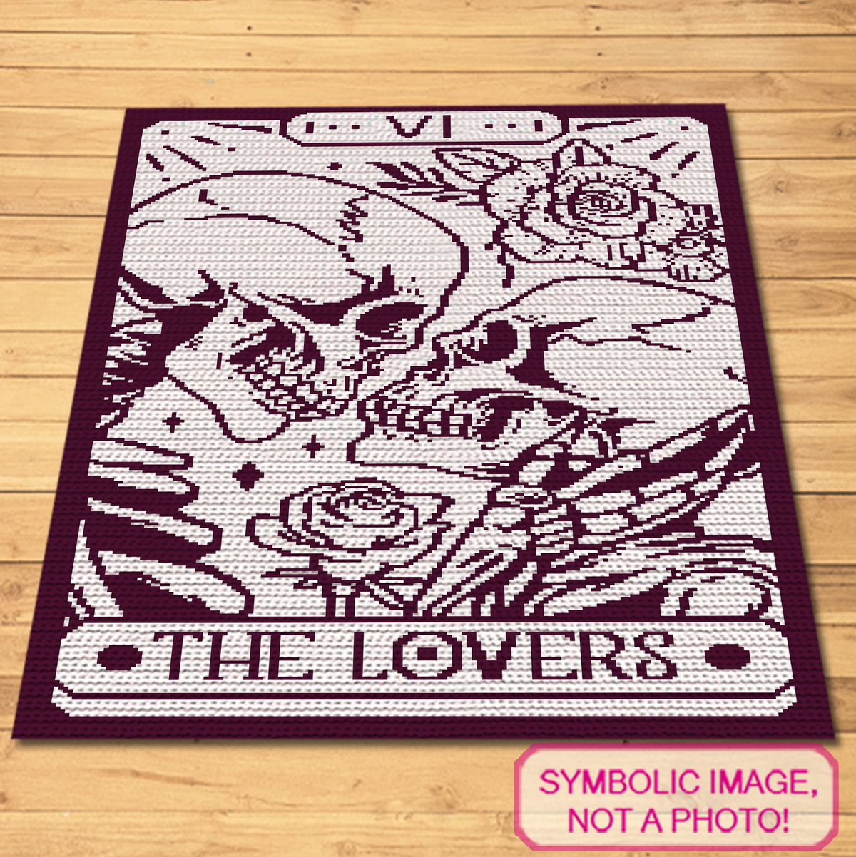 The Lovers tarot card SC crochet blanket pattern with two skulls and roses in purple and white