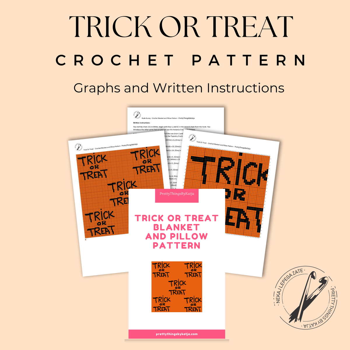 Trick or Treat Halloween crochet pattern PDF preview with graphs and written instructions