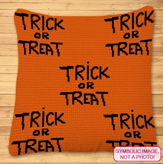 Orange and black Trick or Treat Halloween crochet pillow pattern mockup