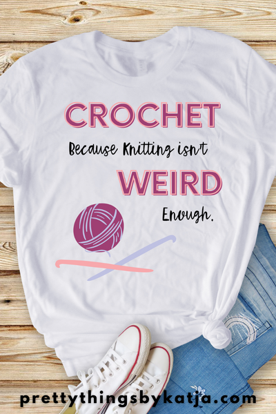 Crochet because Knitting isn't weird enough is a Jersey Short Sleeve Tee. This Crafter Shirt is a perfect Yarn Lover Gift. This classic unisex jersey short sleeve tee fits like a well-loved favorite. Soft cotton and quality print make users fall in love with it over and over again. Click to learn more!