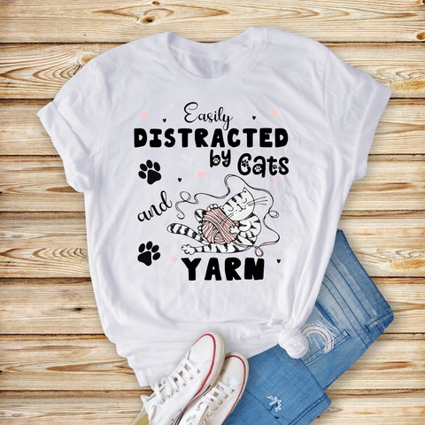 Distracted by Cats and Yarn - Unisex Jersey Short Sleeve Tee - Perfect Gift for Cat Lover, and Yarn Lover