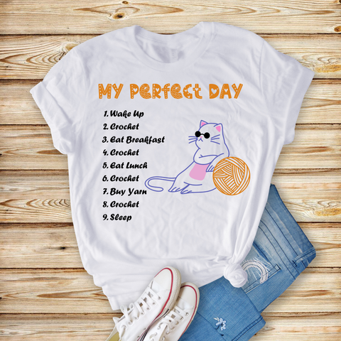 My Perfect Crochet Day is a Jersey Short Sleeve Tee. This Funny Yarn Shirt is a perfect Crochet Lover Gift. This classic unisex jersey short sleeve tee fits like a well-loved favorite. Click for more!