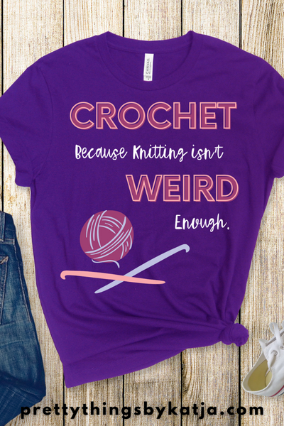 Crochet because Knitting isn't weird enough is a Jersey Short Sleeve Tee. This Funny Crochet Shirt is a perfect Gift for a Crafty Woman. This classic unisex jersey short sleeve tee fits like a well-loved favorite. Soft cotton and quality print make users fall in love with it over and over again. Click to learn more!