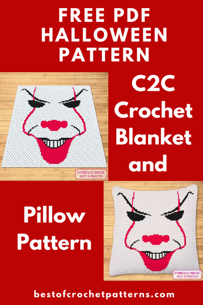 Scary Clown FREE Crochet Pattern.  Download the PDF Pattern for Corner to Corner Blanket Pattern for FREE. This Pattern also Includes Written Instructions. Click to learn more!