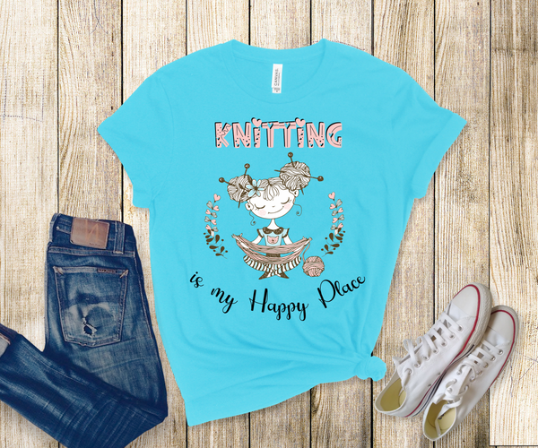 Knitting is my Happy Place - Unisex Jersey Short Sleeve Tee - Perfect Gift for Knitter