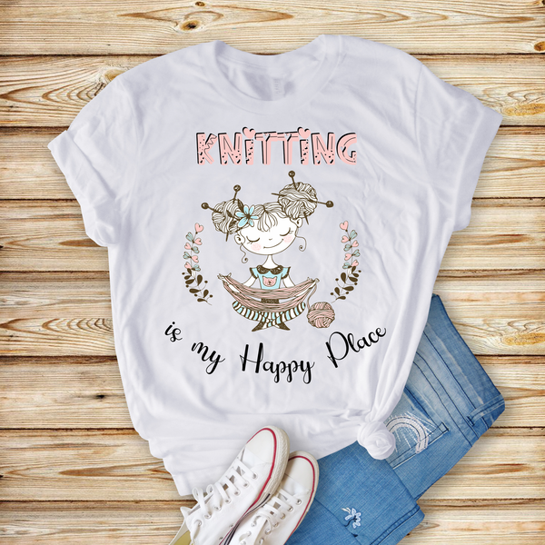 Knitting is my Happy Place - Unisex Jersey Short Sleeve Tee - Perfect Gift for Knitter