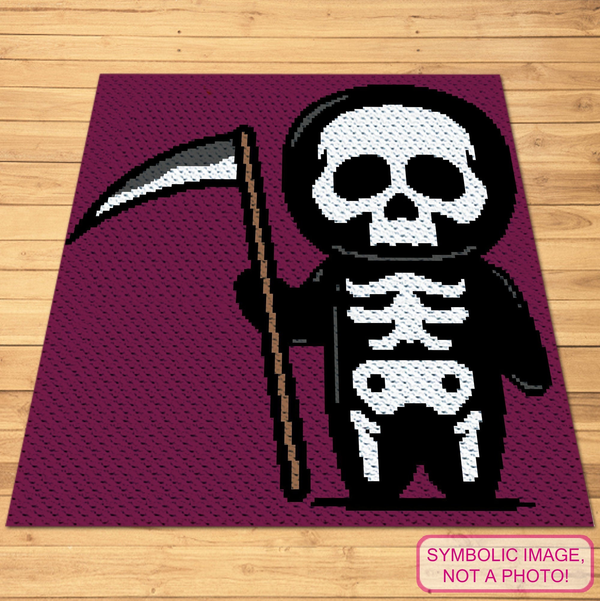 Get into the spooky spirit with this fun and playful Grim Reaper C2C Crochet Blanket Pattern!

Featuring a cute, cartoonish Grim Reaper holding a scythe, this corner-to-corner pattern is perfect for Halloween or anyone who loves a touch of the macabre. The pattern is easy to follow and works up into a striking and unique blanket. 
Click to learn more!