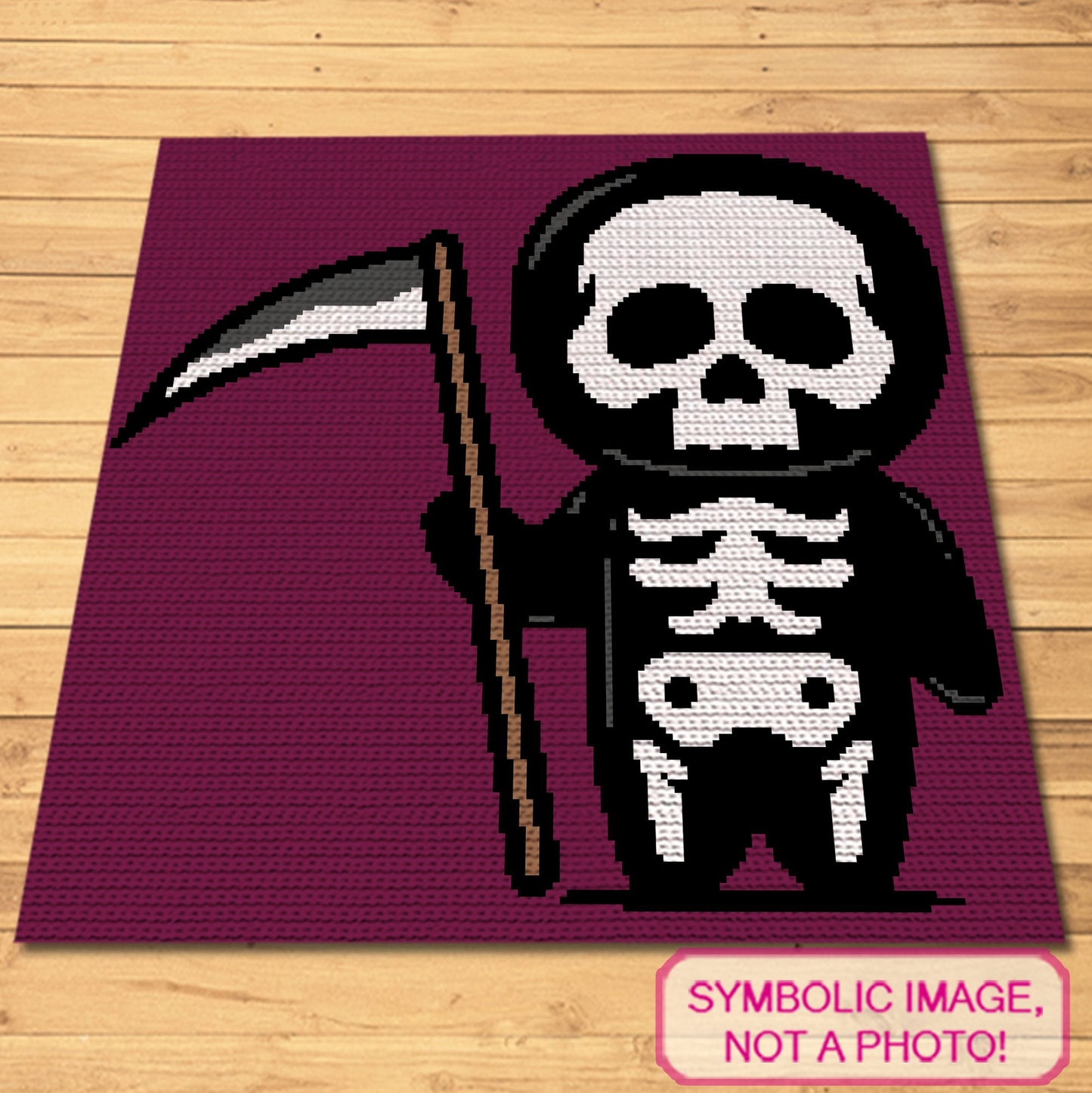 Add some spooky charm to your crochet projects with this adorable SC Grim Reaper Crochet Blanket Pattern!

Featuring a cute, cartoon-style Grim Reaper holding a scythe, this single crochet pattern is perfect for Halloween lovers or anyone who enjoys a touch of the macabre.

Ideal for all crocheters, this easy-to-follow pattern creates a fun and cozy blanket that will be a great addition to your seasonal decor or a unique gift for someone who loves all things spooky. Click to learn more!