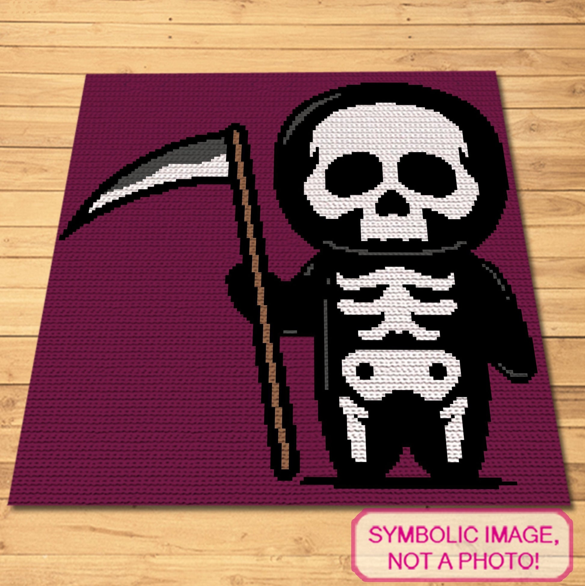 Add some spooky charm to your crochet projects with this adorable SC Grim Reaper Crochet Blanket Pattern!

Featuring a cute, cartoon-style Grim Reaper holding a scythe, this single crochet pattern is perfect for Halloween lovers or anyone who enjoys a touch of the macabre.

Ideal for all crocheters, this easy-to-follow pattern creates a fun and cozy blanket that will be a great addition to your seasonal decor or a unique gift for someone who loves all things spooky. Click to learn more!
