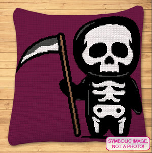 Add some spooky charm to your crochet projects with this adorable SC Grim Reaper Crochet Blanket Pattern!

Featuring a cute, cartoon-style Grim Reaper holding a scythe, this single crochet pattern is perfect for Halloween lovers or anyone who enjoys a touch of the macabre.

Ideal for all crocheters, this easy-to-follow pattern creates a fun and cozy blanket that will be a great addition to your seasonal decor or a unique gift for someone who loves all things spooky. 
Click to learn more!