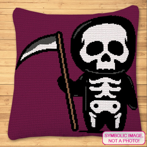 Add some spooky charm to your crochet projects with this adorable SC Grim Reaper Crochet Blanket Pattern!

Featuring a cute, cartoon-style Grim Reaper holding a scythe, this single crochet pattern is perfect for Halloween lovers or anyone who enjoys a touch of the macabre.

Ideal for all crocheters, this easy-to-follow pattern creates a fun and cozy blanket that will be a great addition to your seasonal decor or a unique gift for someone who loves all things spooky. 
Click to learn more!