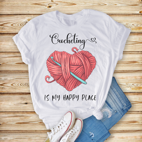 Crocheting is my Happy Place (heart) - Unisex Jersey Short Sleeve Tee - Perfect Gift for Crochet Lover