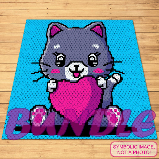 Crochet Kitty with a Heart Pattern - Crochet BUNDLE: C2C Crochet Blanket Pattern, Crochet Cat Pillow
