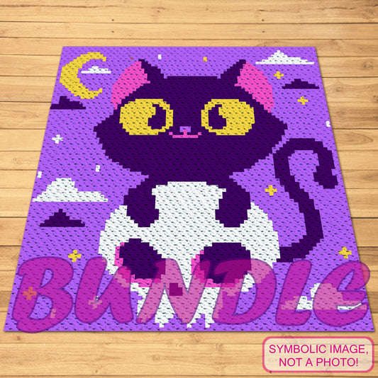 Crochet Halloween Cat with Skull Patterns, Crochet BUNDLE: C2C Graphgan Pattern, Crochet Decorative Pillow