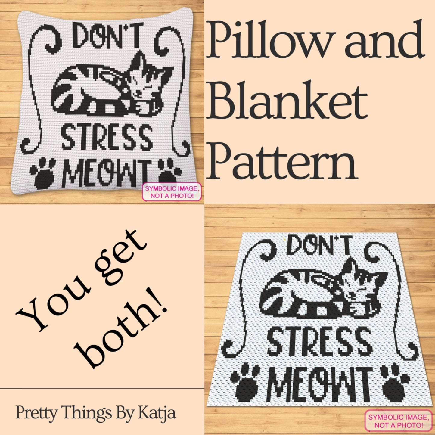 Don't Stress - Crochet BUNDLE: C2C Cat Blanket Pattern, Crochet Pillow Pattern