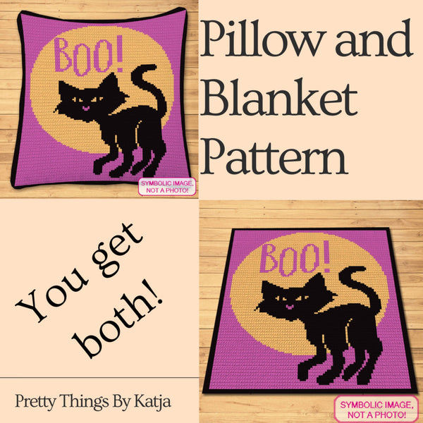 Boo Crochet Halloween Cat, Halloween Crochet Blanket, Crochet Decorative Pillow