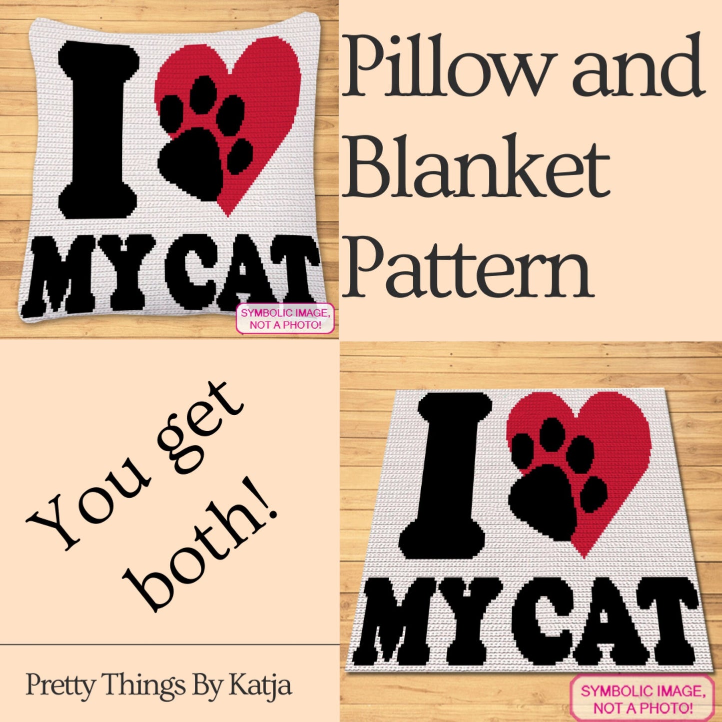 I Heart my Cat - Crochet Cat Pillow Pattern, Crochet Cat Blanket Pattern