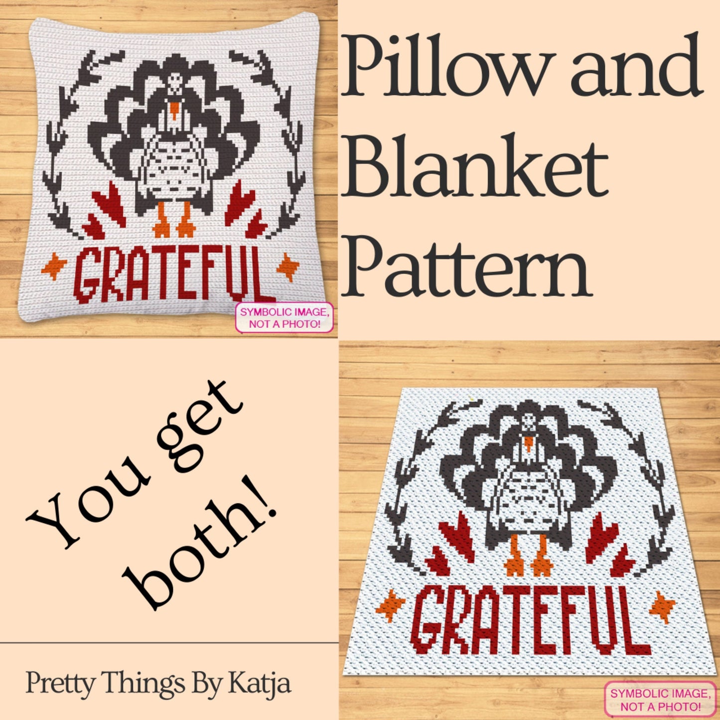 Grateful Turkey Crochet BUNDLE: C2C Thanksgiving Crochet Pattern, Crochet Pillow Pattern
