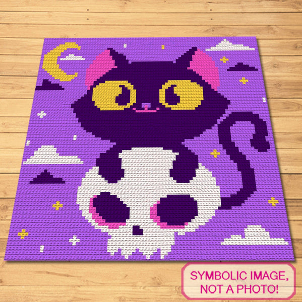 Crochet Halloween Cat with Skull Patterns, Crochet Graphgan Pattern, Crochet Decorative Pillow